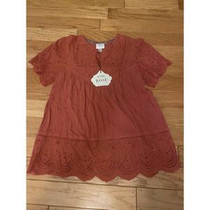 NWT Knox Rose, women's cotton eyelet, short sleeve boho crew neck blouse sz XS